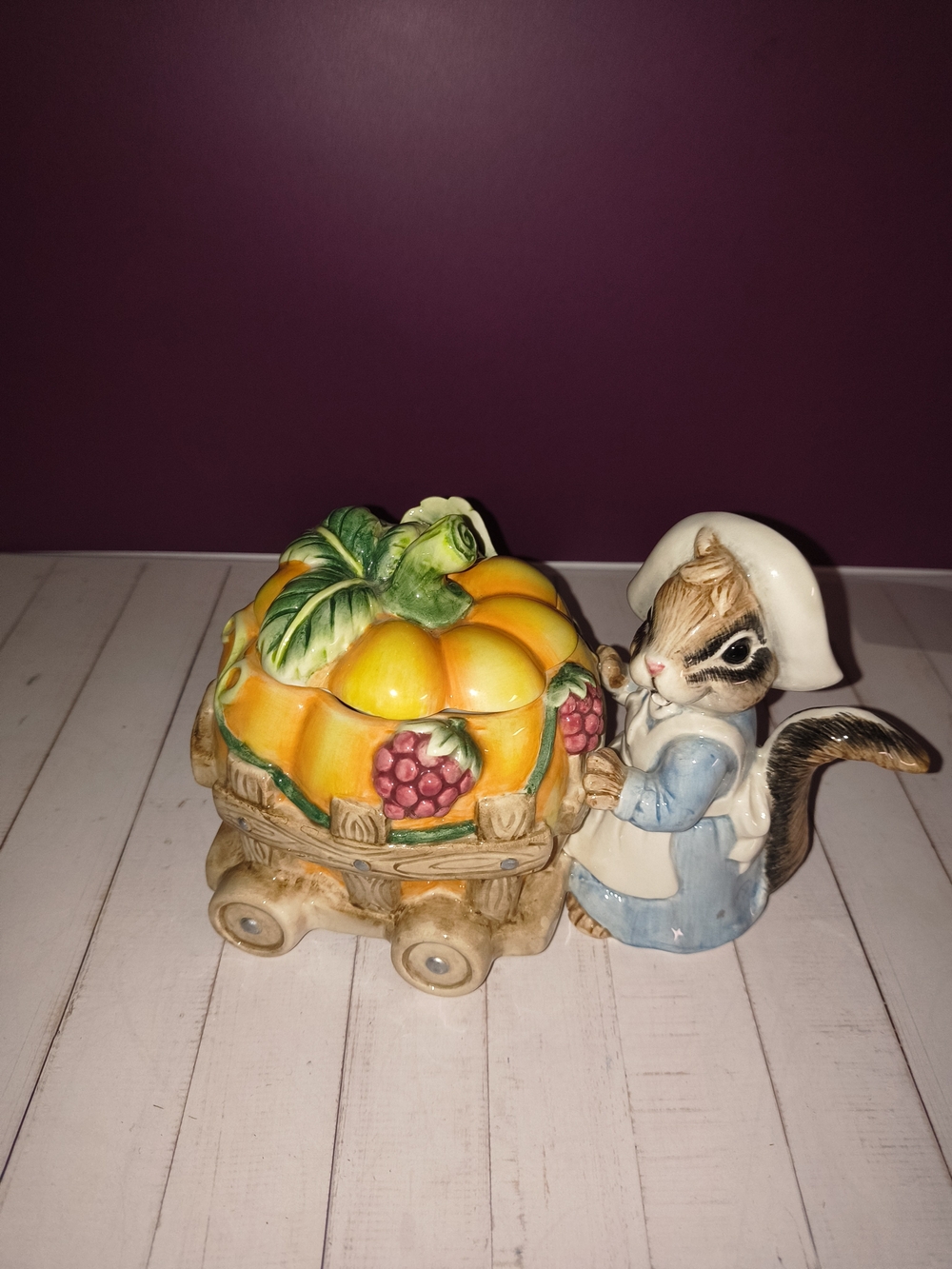 Vintage-Inspired Ceramic Chipmunk with Pumpkin Cart - Orange